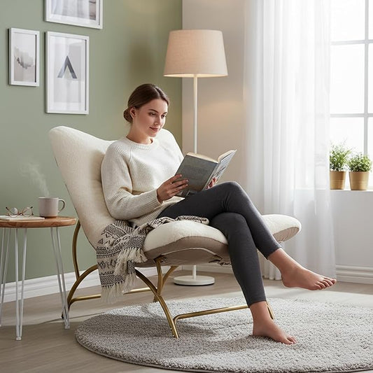 Tiita Accent Lazy Chair, Comfy Lounge Chair with Metal Frame and Plush Fabric, Spacious Seat Cozy Recliner Chair for Reading Room, Living Room, Bedroom, Office, Beige