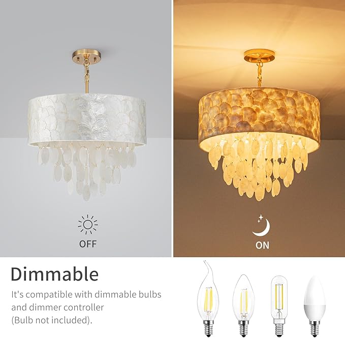 4-Light Drum Capiz Shell Chandeliers, Coastal Style Pendant Light Fixture for Dining Room, Living Room, D18 x 21~68"(Adjustable Height), Shell Lampshade & Gold Finish