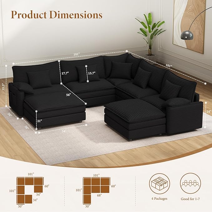 Vesgantti 101" V-Shaped Corner Couch Sectional, 7 Seat Customizable Modular Cloud Couches with Movable Ottoman, Corduroy Deep Seat Sofa Set with Chaise for Living Room, Bedroom and Apartment, Black | Sink-in Comfort, Height Adjustable, Easy Rearrangeme...