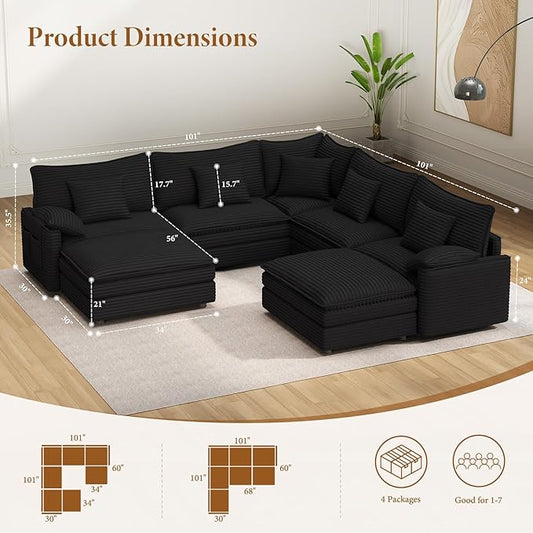 Vesgantti 101" V-Shaped Corner Couch Sectional, 7 Seat Customizable Modular Cloud Couches with Movable Ottoman, Corduroy Deep Seat Sofa Set with Chaise for Living Room, Bedroom and Apartment, Black | Sink-in Comfort, Height Adjustable, Easy Rearrangeme...