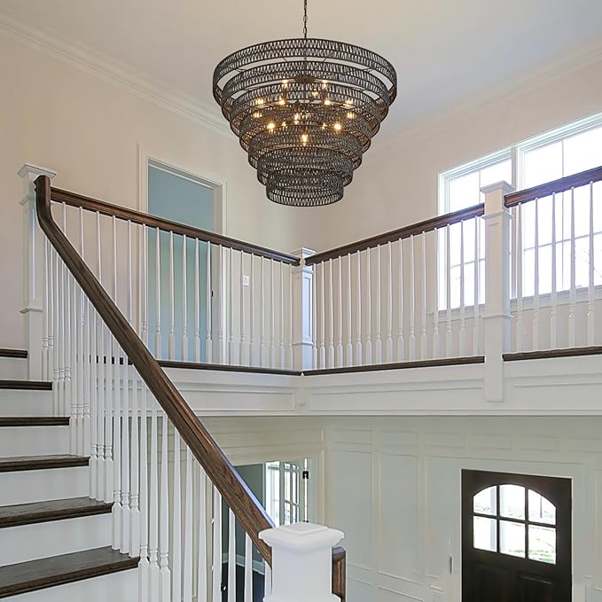 Hand-Woven Rattan Chandelier Vintage Farmhouse 15-Lights Boho Bamboo Large Chandeliers Light Fixture 7-Tier Drum Wicker Chandelier for Dining Room, Living Room, Kitchen, E12