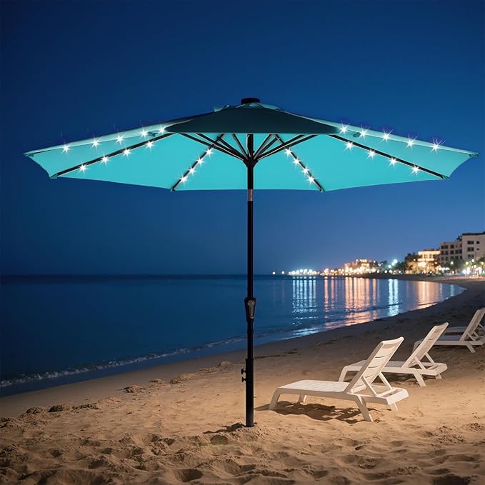DUMOS 10 FT Outdoor Patio Umbrella with 32 LED Lights, UV-Resistant Outdoor Table Umbrella with Tilt and Crank for Backyard, Deck, Garden and Beach, Blue