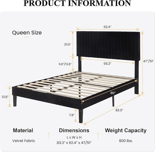 SHA CERLIN Queen Upholstered Platform Bed Frame with Adjustable Headboard/Vertical Channel Tufted Velvet Fabric/Wooden Slats Support/Mattress Foundation/Box Spring Optional/Black