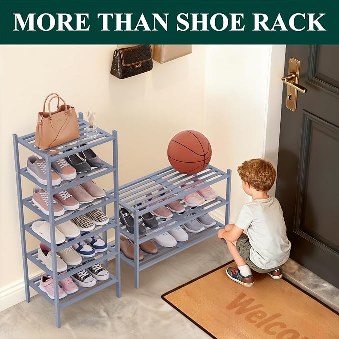 Smiry Small Bamboo Shoe Rack 2-Tier, Stackable Wooden Shoe Organizer for Entryway & Closet, Free Standing Wood Shoe Storage Shelf for Front Door & Small Spaces, Grey