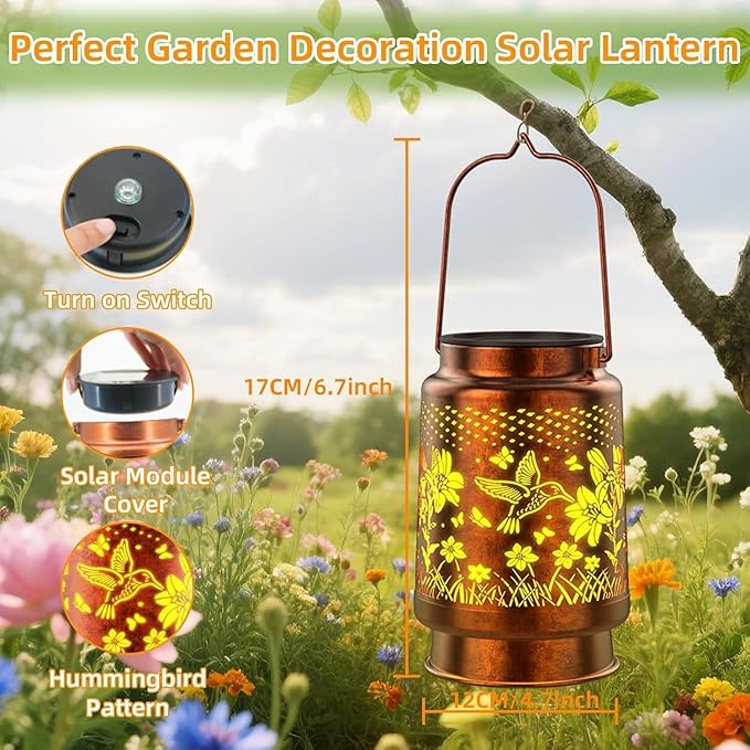 Solar Lanterns Outdoor Waterproof Hummingbird Gifts, Birthday Gifts for Women Mom Grandma, Garden Decor Lanterns Decorative Outdoor for Yard, Patio, Porch, 2 Pack