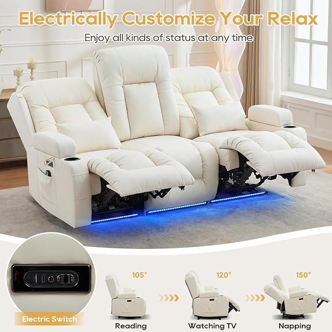 IPKIG Power Recliner Sofa with Flip-Up Backrest Console, USB & USB-C Ports, AC Outlet, LED Lights, Wall Hugger Recliners for Living Room, RV (Off Withe, 76.8" - 3 Seat) | Faux Leather, Zero Gravity, Dual Reclining, 2 Lumabr Pillow