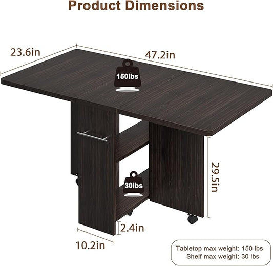 GarveeHome Folding Dining Table, Space Saving Farmhouse Dining Table for 4 Storage Shelf, 6 Wheels Multipose Expandable Kitchen Drop Leaf Table for Small Spac