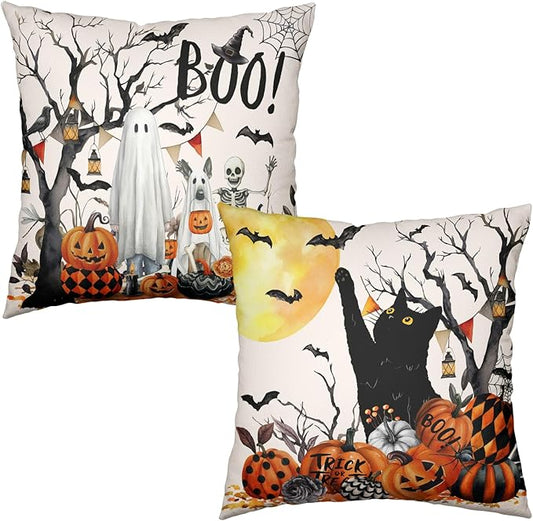 Halloween Outdoor Pillow Covers 24x24 Set of 2 Black Cat Pumpkin Moon Bat Throw Pillow Cases Ghost Spooky Boo Dog Skull Pillowcase Fall Holiday Decor for Home Sofa Couch
