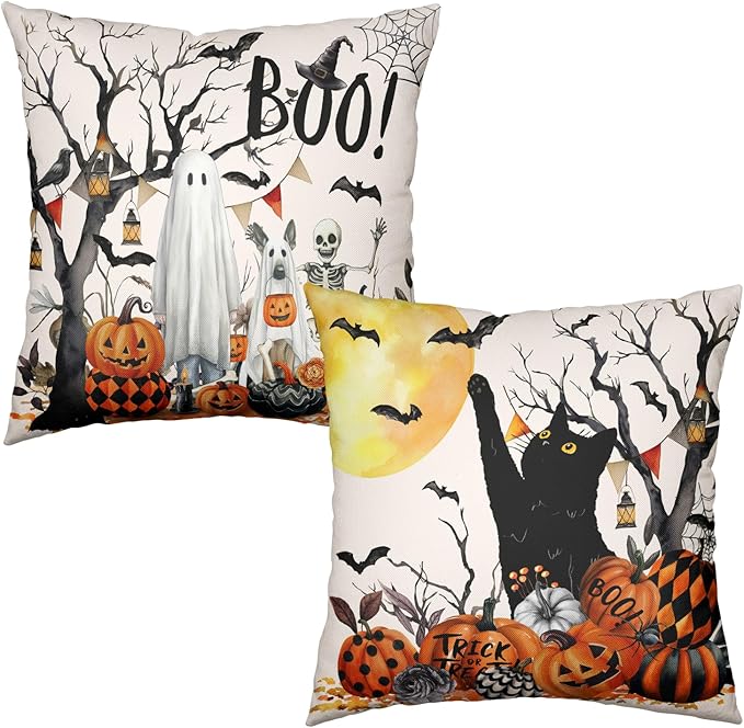 Halloween Outdoor Pillow Covers 18x18 Set of 2 Black Cat Pumpkin Moon Bat Throw Pillow Cases Ghost Spooky Boo Dog Skull Pillowcase Fall Holiday Decor for Home Sofa Couch