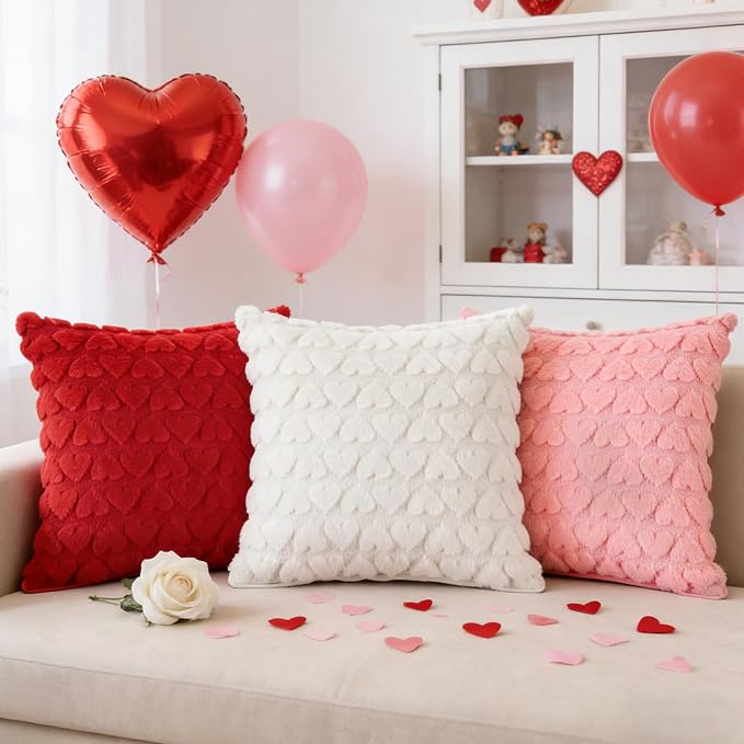 Valentine Pillow Covers 20x20 Inch Set of 2 Valentines Day Decorations Heart Cream White Heart Plush Faux Fur Pillow Covers for Sofa Bed Living Room Holiday Home Decor