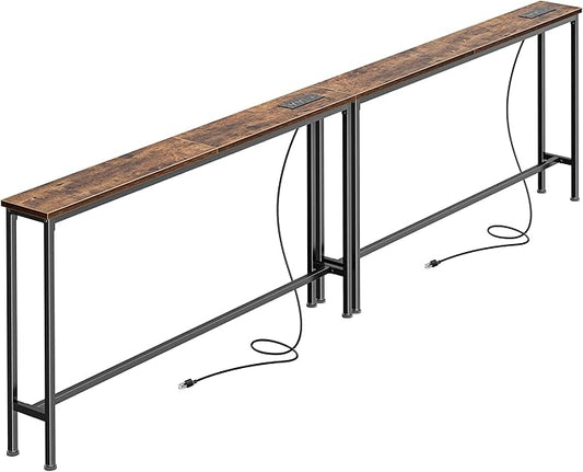 SUPERJARE 94.5 inch Narrow Console Table with Outlet, Sofa Tables, Behind Couch Table, Long Entryway Tables with Charging Station, for Living Room, Rustic Brown