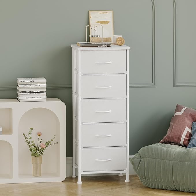 Fixwal White Tall Dresser for Bedroom, Closet Organizers and Storage Tall Fabric Dresser for Closet, Drawer Organizer with 5 Drawers, Bedroom Furniture