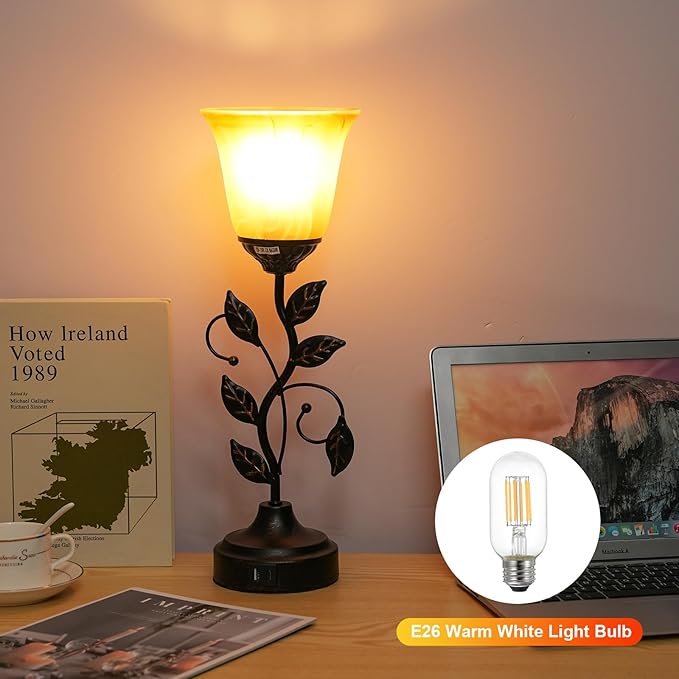 Touch Control Table Lamp Vintage Leaf Vine Lamp Decorative Bedside Lamp Dimmable Desk Lamp with USB A and Type-C Charging Ports Amber Glass Lampshade Warm White Light LED Bulb Included