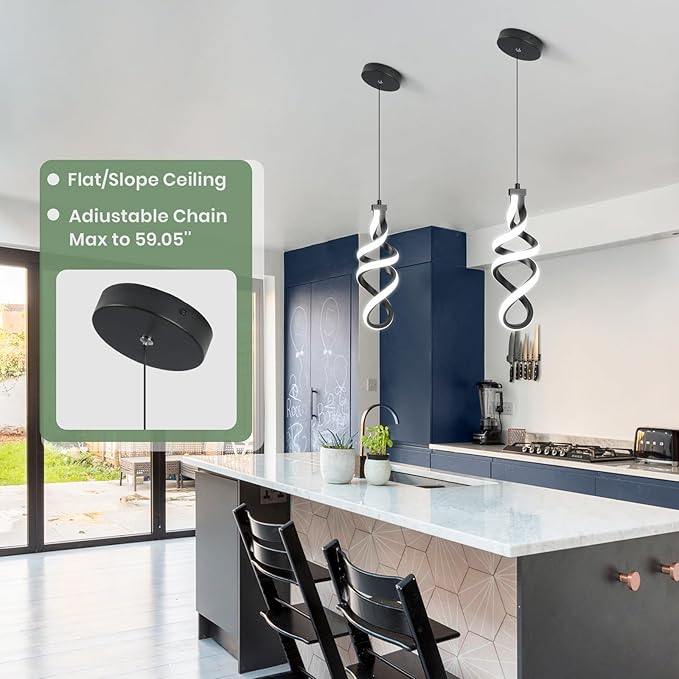 Modern Led Pendant Light Fixture, 15W Black Spiral Led Chandelier Hanging Lamp, 4500K Daylight White Pendant Lamp, Adjustable Height Pendant Light for Kitchen Dining Room Bedroom Kitchen Island Cafe