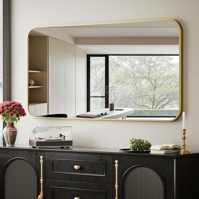BEAUTYPEAK 30" x 40" Gold Metal Frame Rectangle Vanity Mirror with Rounded Corners, Wall Mounted Bathroom Mirror for Farmhouse, Restroom, Entryway, Horizontal or Vertical Hanging