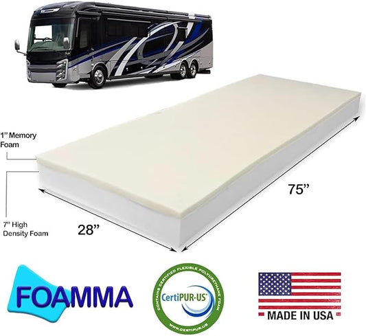 Foamma 8” x 28” x 75” Camper/RV Travel Memory Foam Bunk Mattress Replacement, Made in USA, Comfortable, Travel Trailer, CertiPUR-US Certified, Cover Not Included