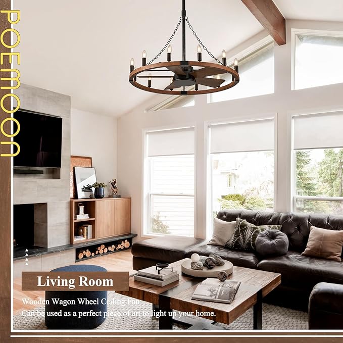 36in Wooden Wagon Wheel Chandelier Fans with Remote Control 12-Light Rustic Ceiling Fan Lights Farmhouse Bladeless Fandelier for Bedroom Dining Room Kitchen Living Room