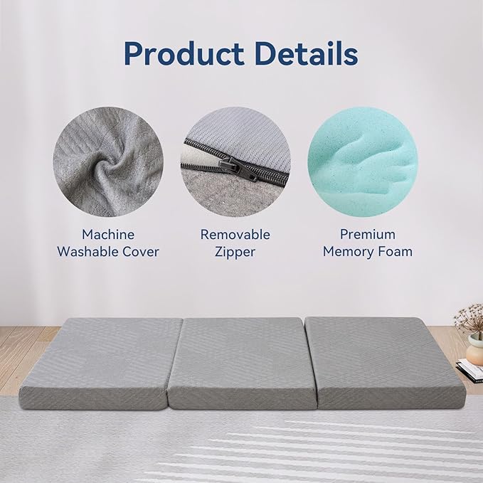 Hcore Folding Mattress Twin, 4 Inch Foldable Trifold Memory Foam Mattress with Bag, Portable Mattress Topper for Floor, Camping, Guest, CertiPUR-US Certified, 75"x 38" x4"