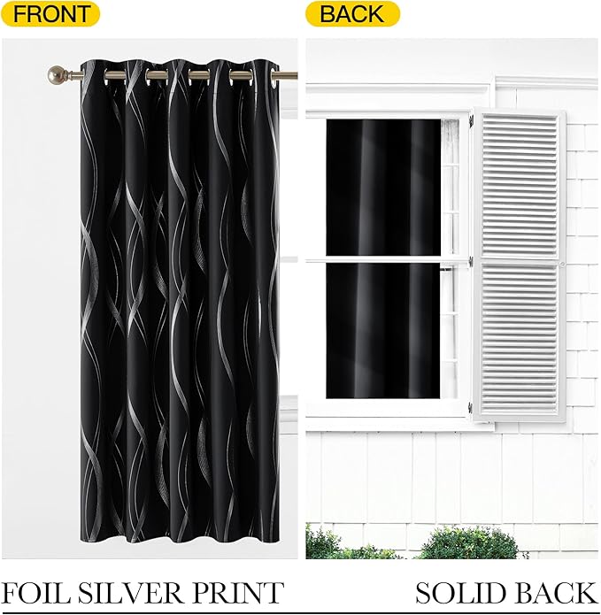 NICETOWN Black Blackout Curtain Panels for Kitchen, 66 x 54 inch, Noise Reducing Thermal Insulated Wave Line Foil Print Design Drapes for Home Decor, 2 Panels