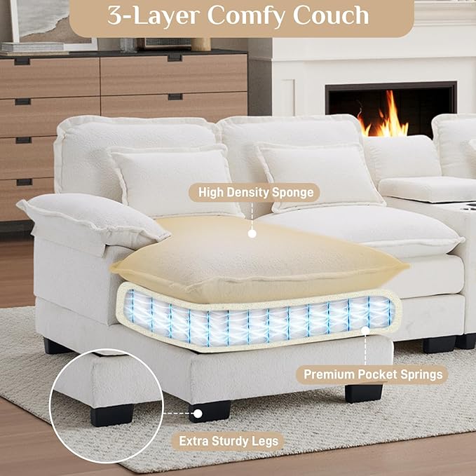 133" Oversized U Shaped Cloud Couch Modular Sectional Couches for Living Room Comfy Chenille Deep Seat Sofa Set with Double Chaise Lounge, Storage Central Console, Cup Holders, USB Port, Beige