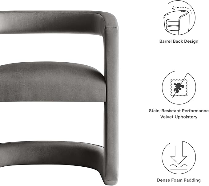 Modway Winslow Stain-Resistant Performance Velvet Dining Chair in Storm Gray - Open Back Barrel Armchair - Upholstered Dining Chair - Cozy Reading Chair or Velvet Vanity Chair