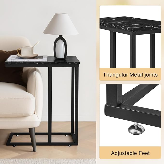 VECELO C Shaped End Side Table for Sofa Couch and Bed Snack TV Tray for Living Room Bedroom, 2 PCS, Black Marble