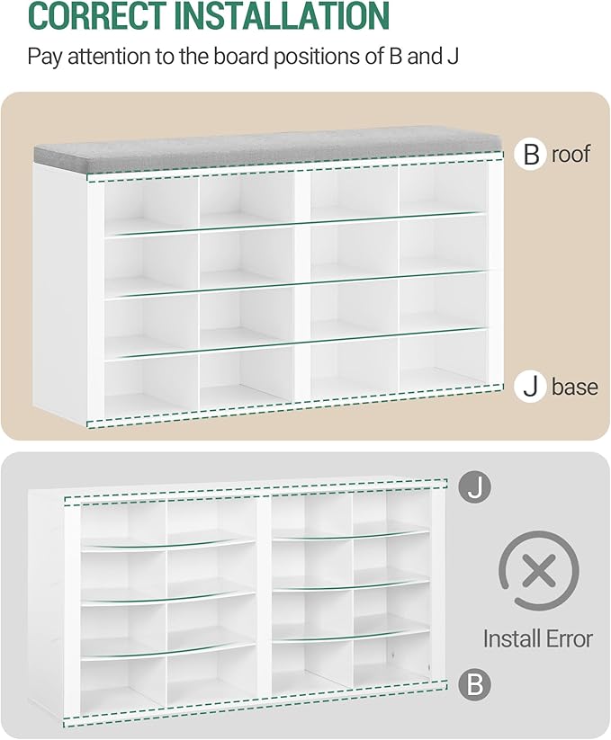 Shoe Bench with Cushion, Entryway Storage Bench with 16 Cubbies, Cubby Shoe Rack with Adjustable Shelves, Shoe Organizer Cabinet for Living Room, Bedroom, Entryway, White SB25603GY