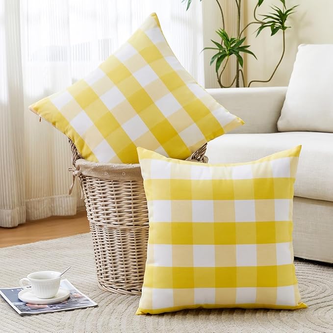 Yellow and White Summer Outdoor Buffalo Plaid Pillow Covers 18x18 Set of 2, Yellow Outdoor Decorative Patio Throw Pillows 18 x 18, Buffalo Check Pillow Covers for Patio Furniture (No Pillow Inserts)