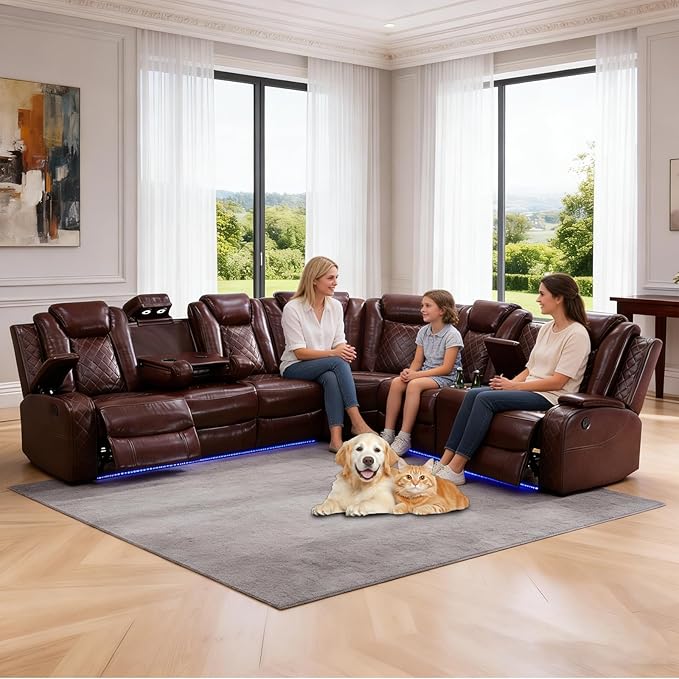Power Reclining Sectional Sofa with Air Leather Upholstery, Electric Adjustable Recliner Couch, Quiet Motor Support, Home Theater Seating with Wireless Power, Cup Holders, Storage for Living Room