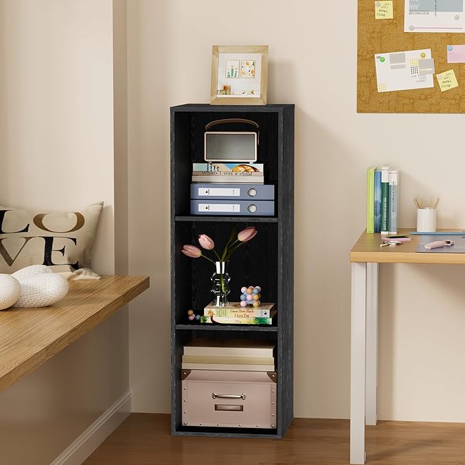 3 Tier Bookshelf, Narrow Bookcase for Small Spaces, Wooden Book Case Bookshelves Storage Organizer for Bedroom Living Room Home Office (Black, 3 Cube)