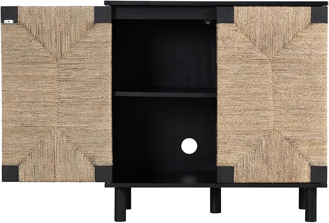 Nathan James Beacon Bohemian TV Stand, TV Wall Unit with Shelves and Accent Storage Cabinet with Solid Wood Legs and Seagrass Door Fronts, Brushed Black