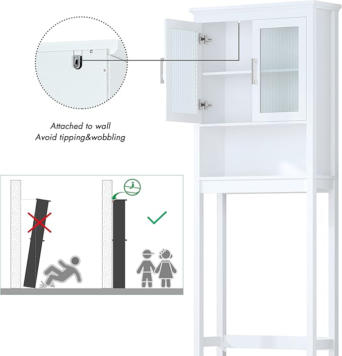 Spirich Over The Toilet Cabinet for Bathroom Storage, Above Toilet Storage Cabinet with Moru Tempered Glass Doors, White