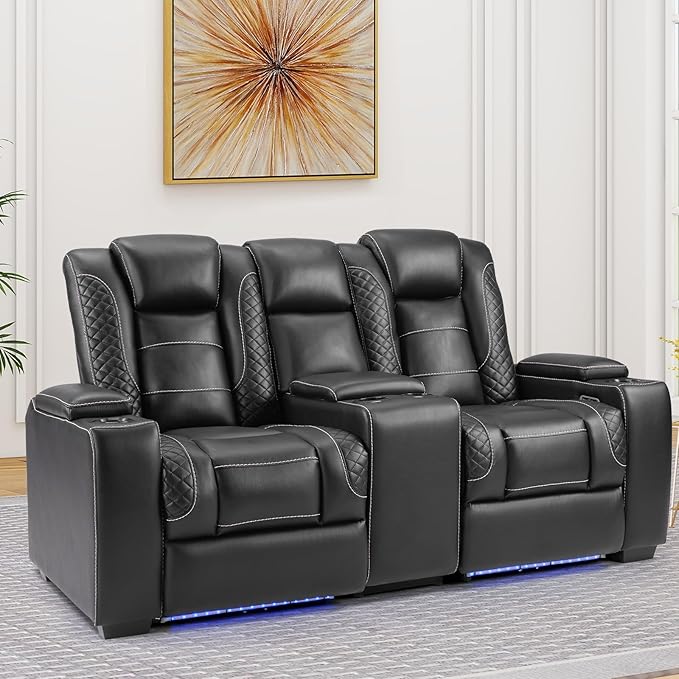 ANJ Power Reclining Loveseat with Center Console, 2-Seater Electric Recliner Sofa with LED Lights & USB & Storage, Faux Leather Living Room Furniture for Home Theater, Small Spaces & RV (Black)