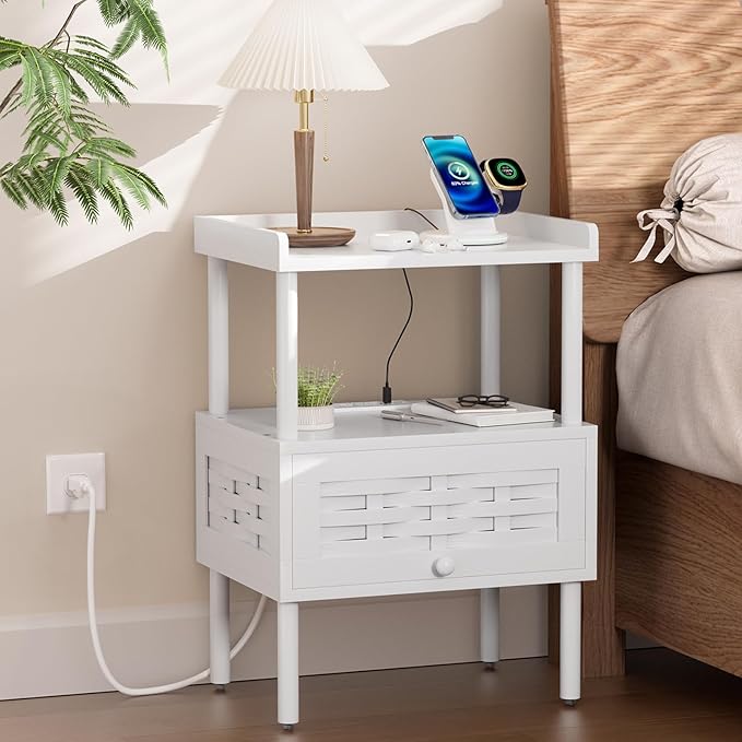 Amazer Bamboo Nightstand with Charging Station, Bedside Table with USB Ports & Outlets, End Table, Night Stand for Bedroom Lift-Up Drawer & Open Shelf, White