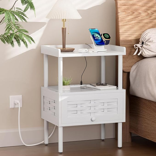 Amazer Bamboo Nightstand with Charging Station, Bedside Table with USB Ports & Outlets, End Table, Night Stand for Bedroom Lift-Up Drawer & Open Shelf, White