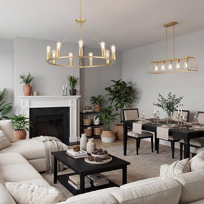 9-Lights Gold Chandelier | Dia 32'' Farmhouse Wagon Wheel Chandelier | Rustic Hanging Dining Room Light Fixture | Apply to Living Room | Kitchen Island | Entryway | Foyer