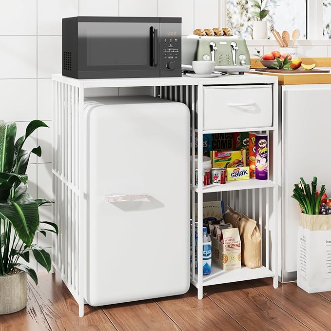 VOWNER Mini Fridge Cabinet with Power Outlet, 3-Tier Industrial Style Kitchen Microwave Stand Baker Rack with Drawer, Utility Storage Shelf for Home Kitchen Dorm Office, White, 35" Lx22 Wx37 H