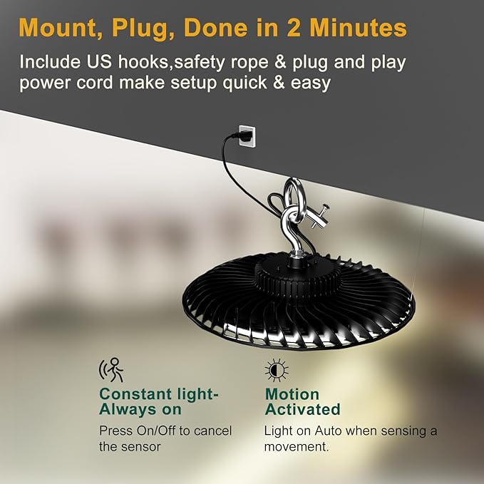 Smart 320W LED High Bay Light with Motion Sensor, 48000lm (Eqv.1200W MH/HPS) High Bay LED Shop Light 100-277V Commerical Grade UFO Lights（Remote Buy Separate）