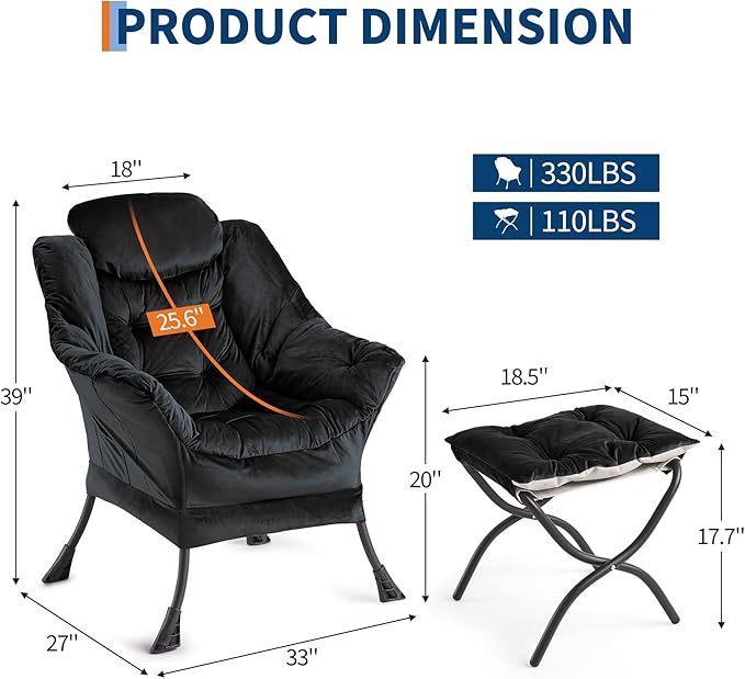 GarveeHome Lazy Chair with Ottoman, Modern Lounge Accent Chair, Leisure Sofa Armchair with Footrest, Reading Armchair with Side Pocket for Living Room, Bedroom, Dorm & Office (Black)