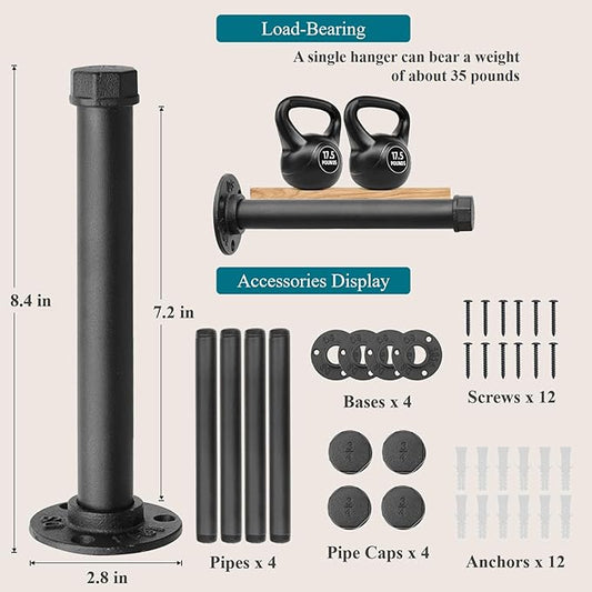 Cast Iron Wall Mounted Clothes Rack, Heavy Duty Industrial Pipe Clothing Rack for Hanging Clothes, Garment Racks for Wardrobe Organizers and Storage, DIY Closet Rods Closet Bar (Black 4 Pack, 8 in)