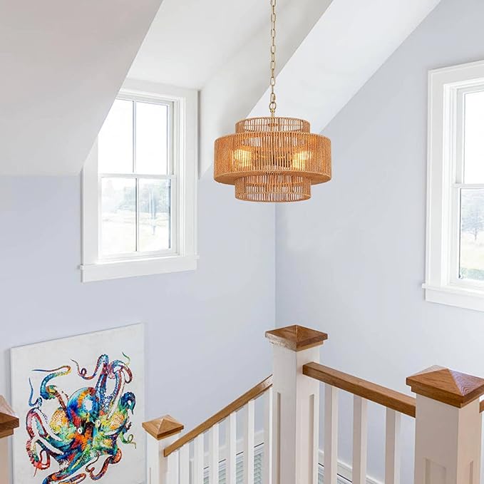 17.7" Boho Rattan Chandelier Light Fixture 4-Light Hand-Woven Bamboo Vintage Farmhouse Chandelier Drum Wicker Golden Chandeliers for Dining Room, Kitchen Island, Bedroom, Foyer