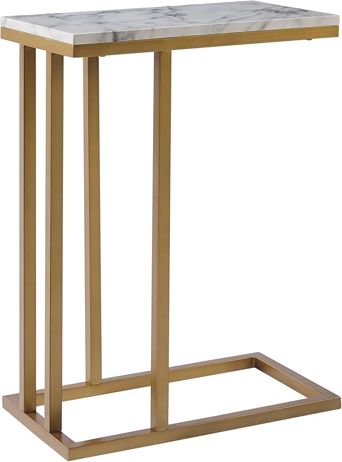 Versanora Marmo Faux Marble Top Contemporary C Shape Accent Side End Table for Living Room Lobby Foyer Dining Room Bedroom Study Room Home Office, 25 inch Height, Brass