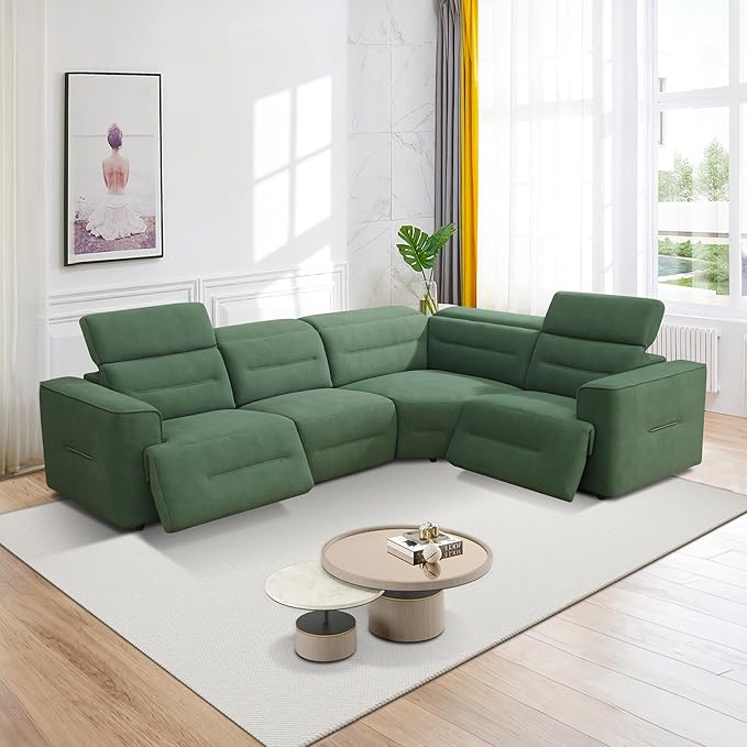 Power Recliner Sectional Couch, Flannel Living Room Furniture Set, Reclining Corner Sectional Sofa with USB Ports for Home/Office (Green, 4 Seater Couch)