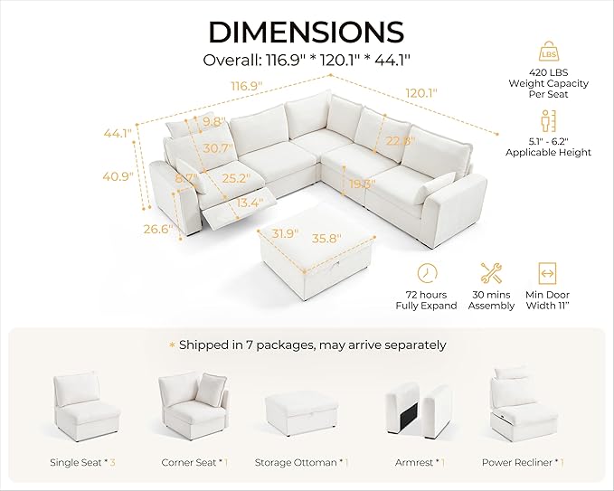 Oversized Modular Sectional Sofa with Power Recliner, Plush Cloud Couch with Headrest, Convertible Deep L-Shaped 6 Seater with Corner and Storage Ottoman, Chenille, White