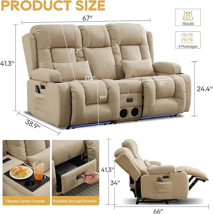 IPKIG Power Recliner Sofa with Flip-Up Backrest Console, USB & USB-C Ports, AC Outlet, LED Lights, Wall Hugger Recliners for Living Room, RV (Beige, 67" - 3 Seat) | Leathaire Fabric, Zero Gravity, Dual Reclining, 2 Lumabr Pillow, Bluetooth Speakers