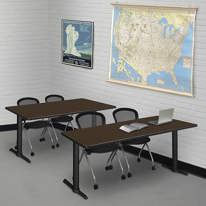 Regency Cain 66 x 24 in. Training Seminar Table – Durable T-Base Training Desk with Laminate Top, Scratch & Stain Resistant Surface, Rounded Corners (Neo Walnut, Black Base)