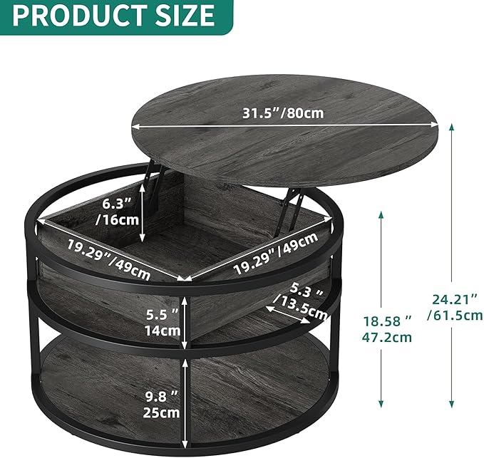 YITAHOME Round Lift Top Coffee Tables for Living Room, Farmhouse Coffee Table with Storage and Hidden Compartment, 2 Tier Modern Large Coffee Table Round Dining Table, Dark Grey