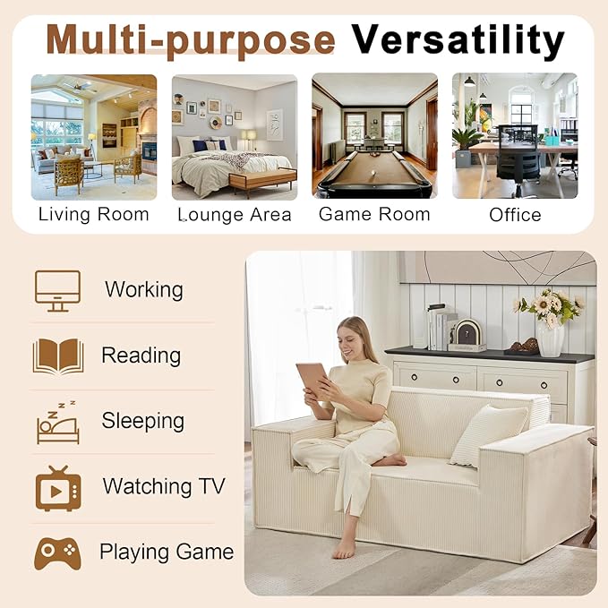 SUYOLS Corduroy Cloud Couch with Pillow, Premium Memory Foam, No Assembly Required, Deep Seat Sofa in Box, Space-Saving Chair for Home, Living Room, Bedroom, Apartment, Office, Loveseat, Beige