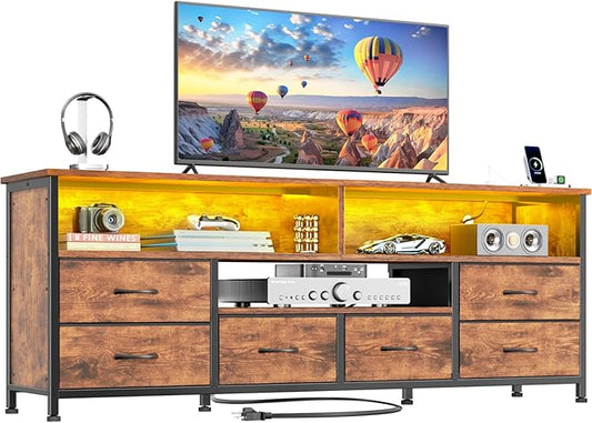 Furologee TV Stand for Bedroom, 63 Inch Entertainment Center for 65 70 Inch TVs, 6 Drawers Dresser with Power Outlets and LED Lights, Media Console for Living Room, Rustic Brown