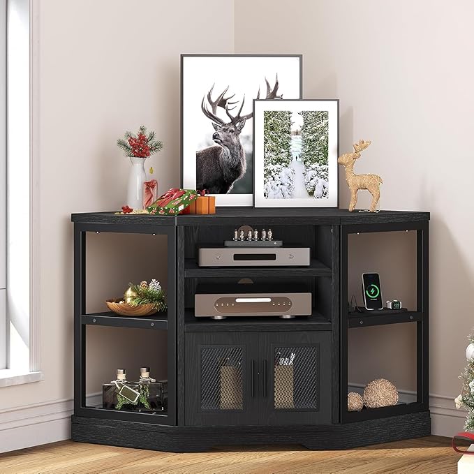 YITAHOME Corner TV Stand for TVs up to 50 Inch with Power Outlet, Modern Farmhouse Entertainment Center, Wood TV Media Console with Storage Cabinets Shelves for Living Room, 47" Black